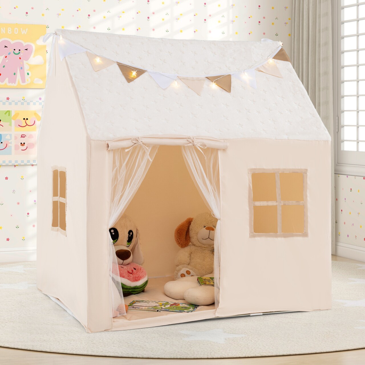 Kids Play Tent Playhouse with Glow Stars and Mat for Children’s Playtime